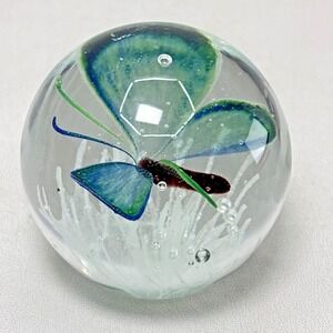 Dynasty Gallery Heirloom Collectible Art Glass Paperweight Blue Butterfly Grass